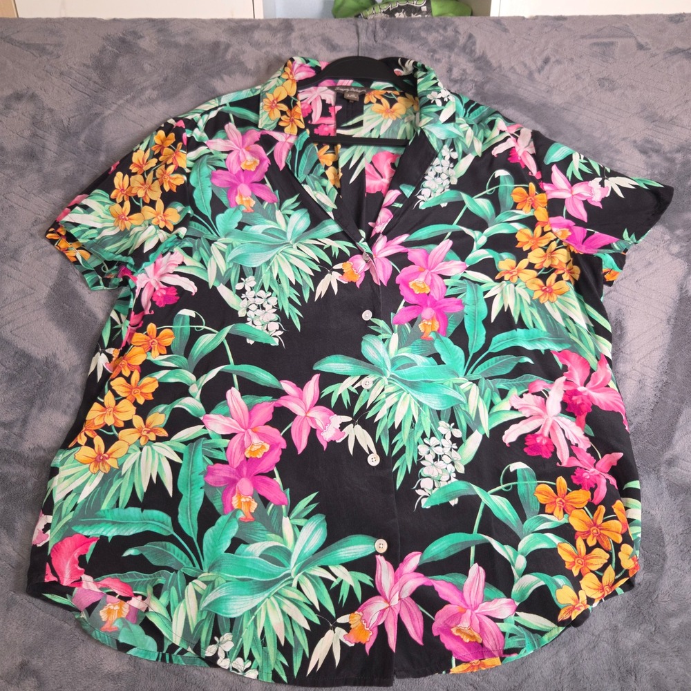 Tommy Bahama 100% Silk Tropical Floral Orchid Shirt Black Large Short Sleeve - Picture 2 of 7